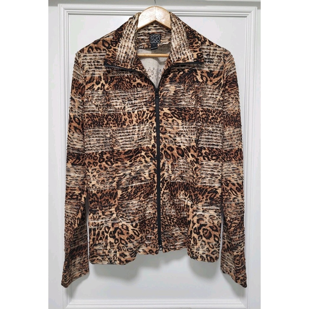 Clara Sun Woo Textured Brown Animal Print Full Zip Lightweight Cardigan L